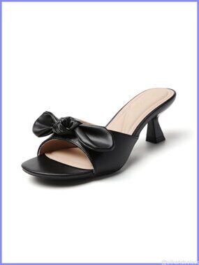 Kitten Heels with Bow Open Toe Slip On Mules Mid Heel Dress Shoes